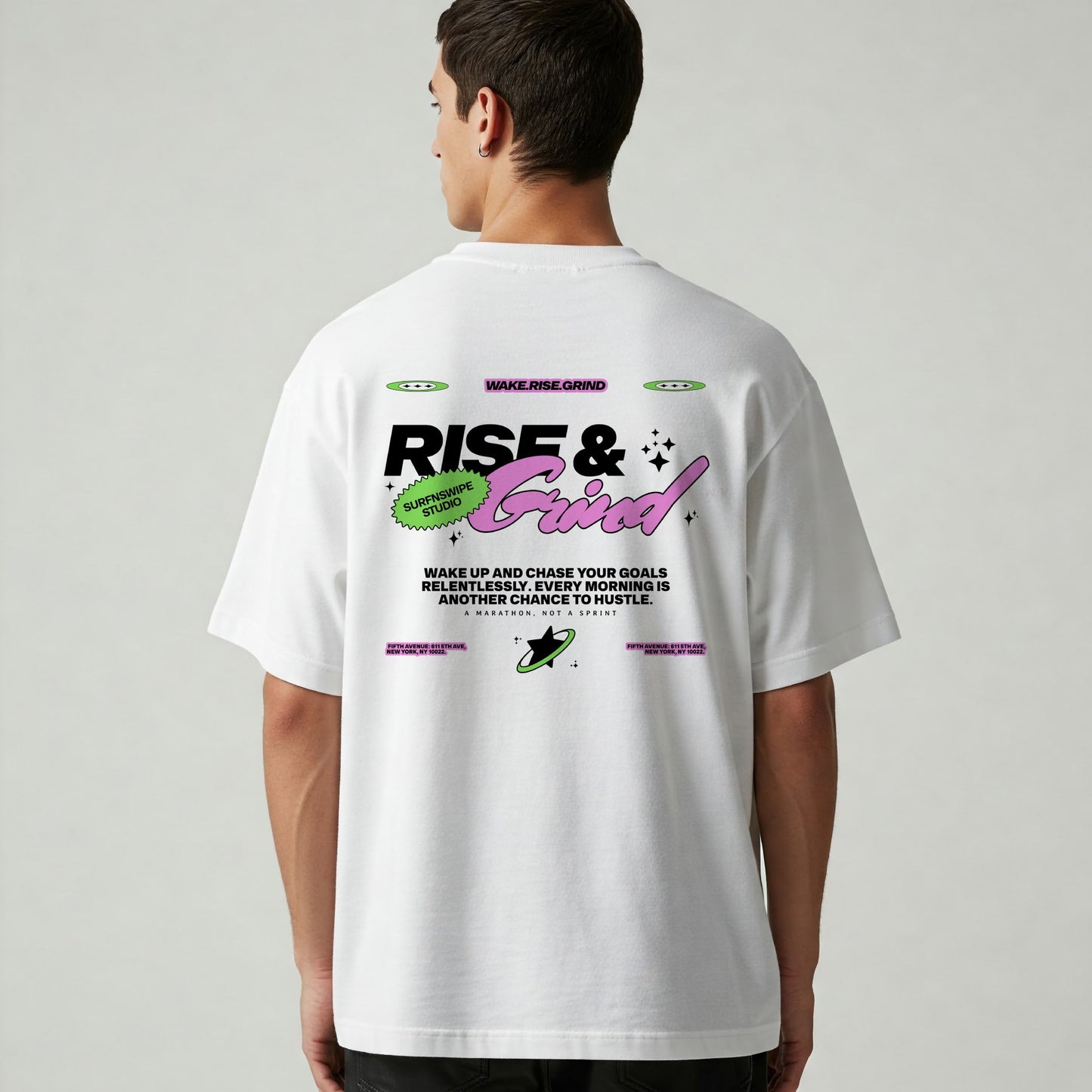 T-shirt with "Rise & Grind" graphic