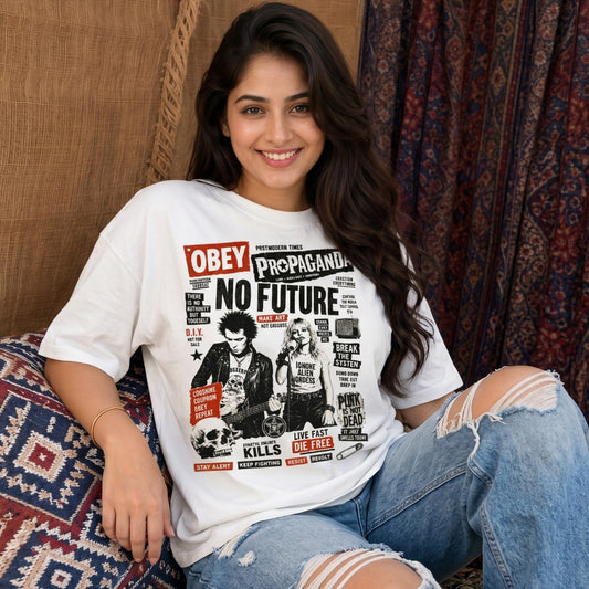 Woman wearing a white t-shirt Punk zine-style graphic print on front of oversized cotton tee