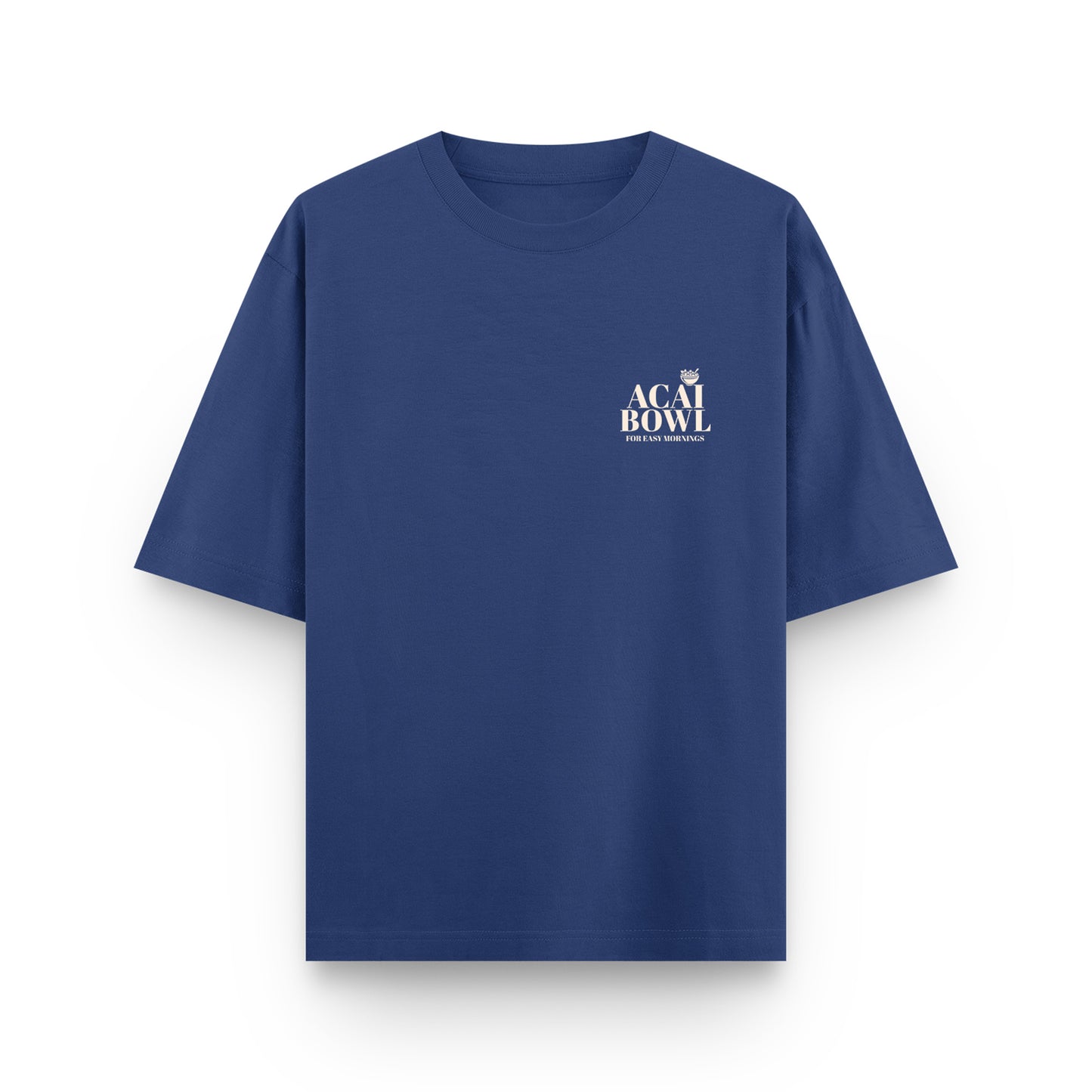 Blue t-shirt with 'Acai Bowl' logo on a white background