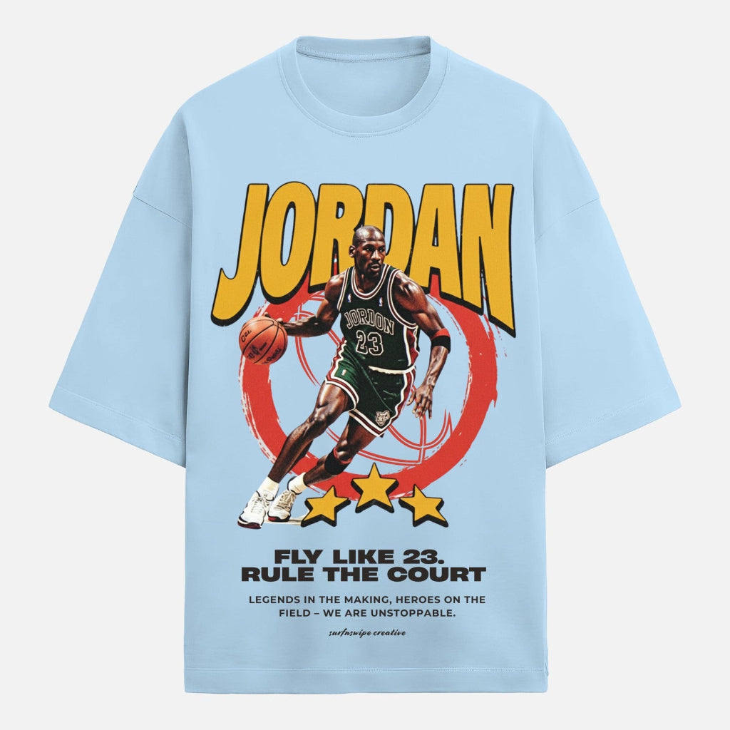 Light blue t-shirt with Jordan graphic and basketball player design on a white background