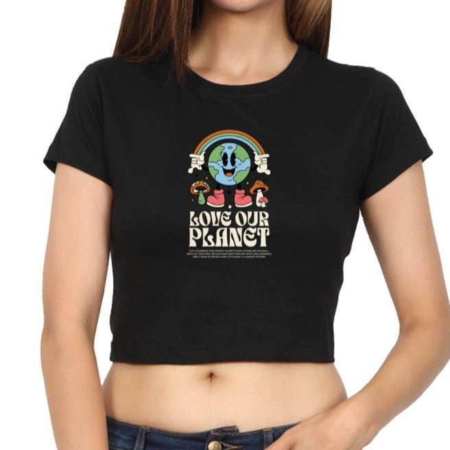 Love Our Planet Printed Round neck Cotton Crop Top
