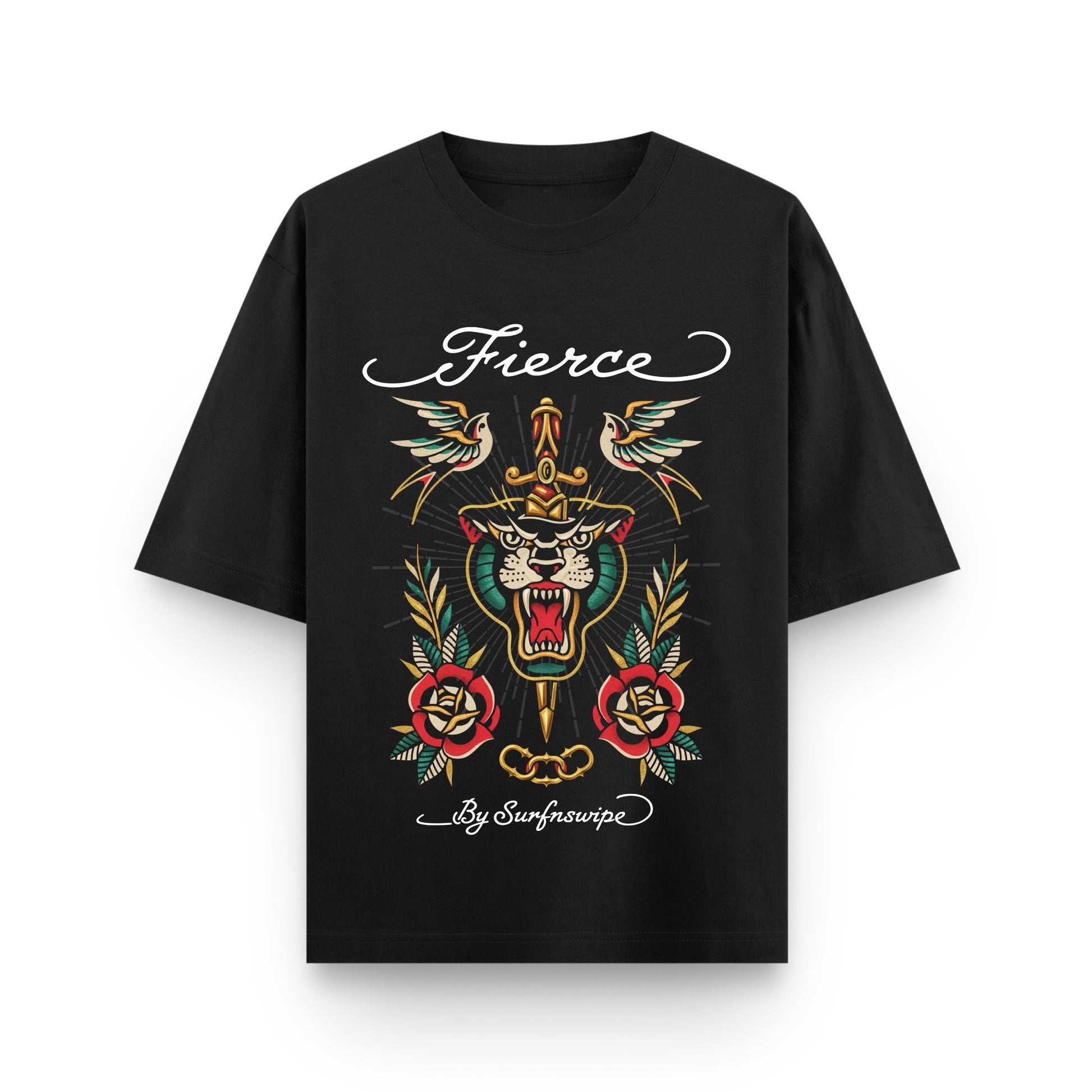 Black t-shirt with a fierce design and 'Fierce' text on a white background