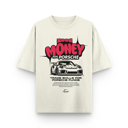 Beige t-shirt with Porsche graphic and text on a white background