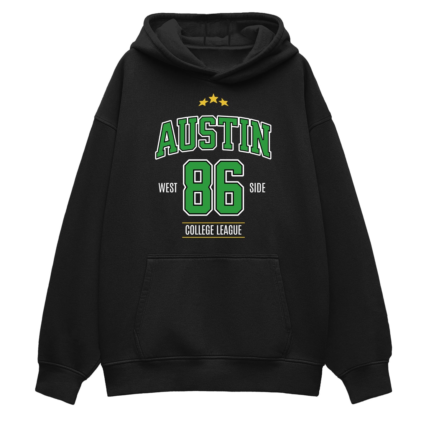 Black hoodie with green and white text on a white background