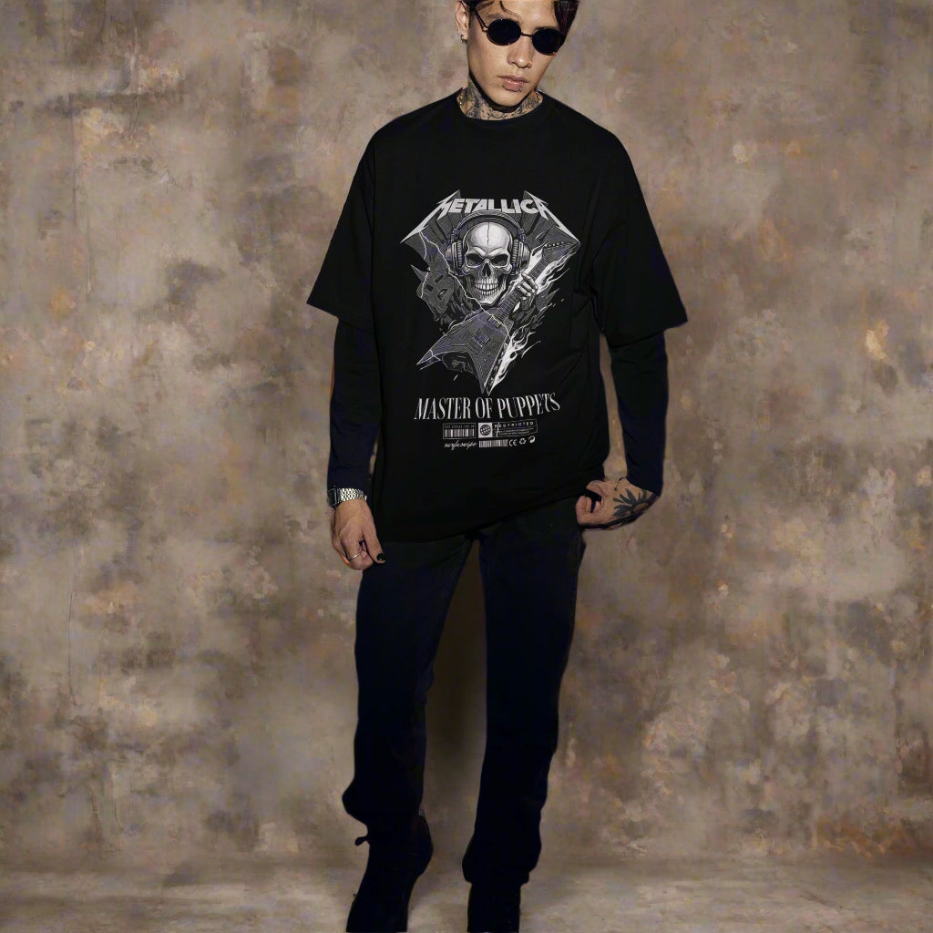 Black Oversized Tee | Metallic Design | Rock & Roll