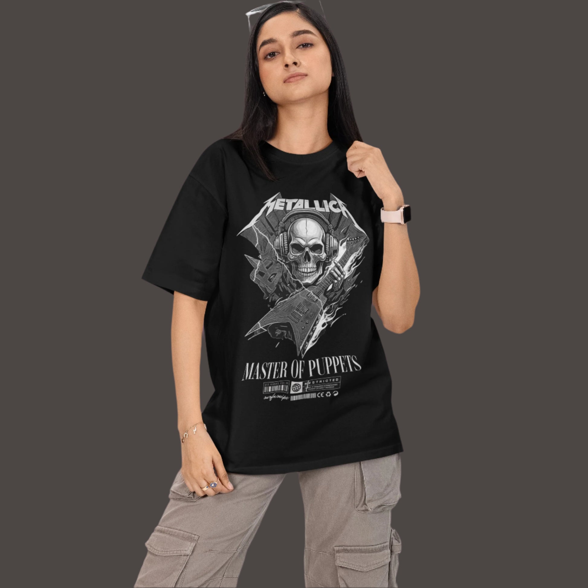 Black Oversized Tee | Metallic Design | Rock & Roll