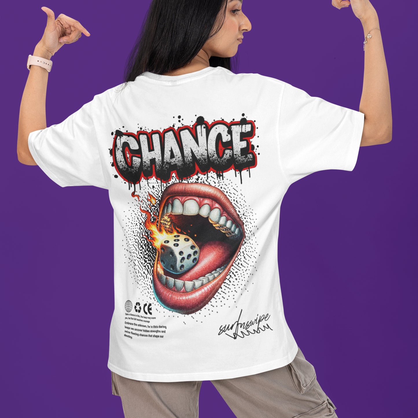 Surf N' Swipe Chance Tee - Flaming Dice - Man wearing the t-shirt