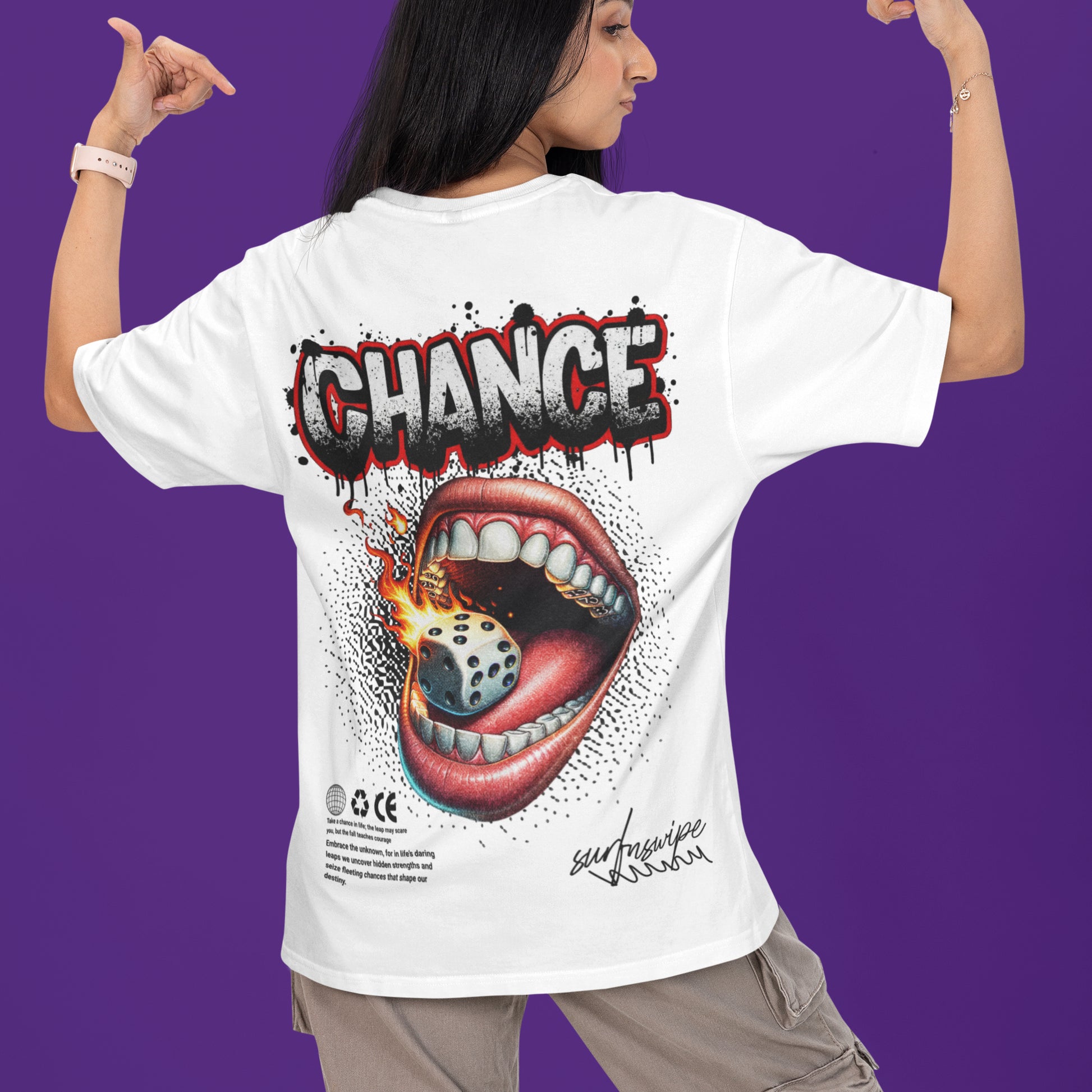 Surf N' Swipe Chance Tee - Flaming Dice - Man wearing the t-shirt