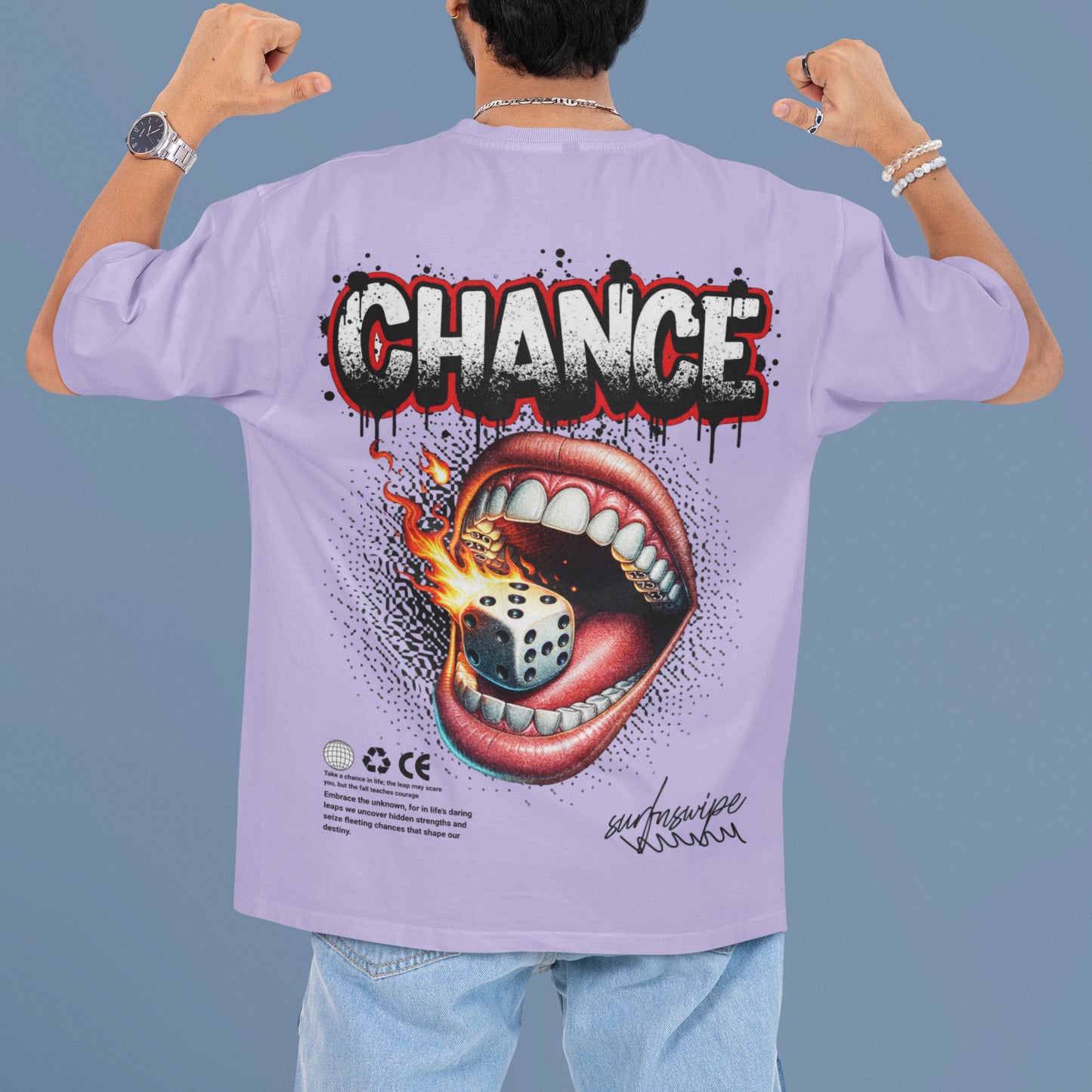 Surf N' Swipe Chance Tee - Flaming Dice - Man wearing the t-shirt