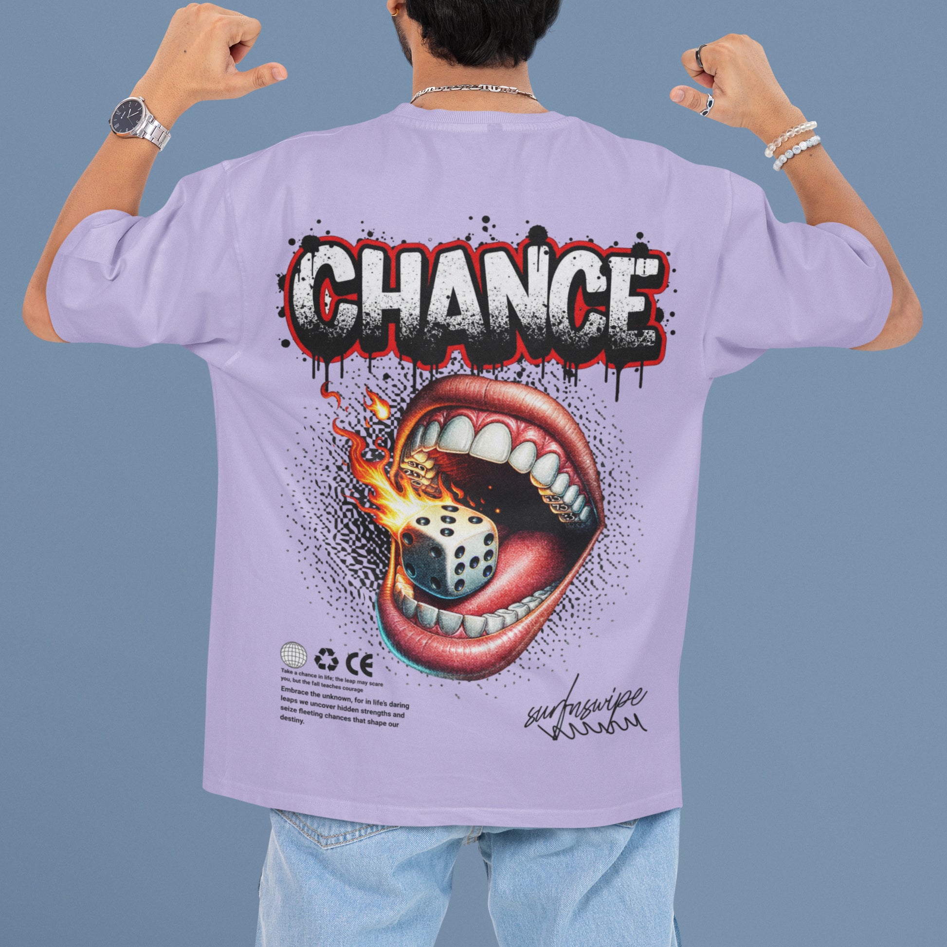 Surf N' Swipe Chance Tee - Flaming Dice - Man wearing the t-shirt