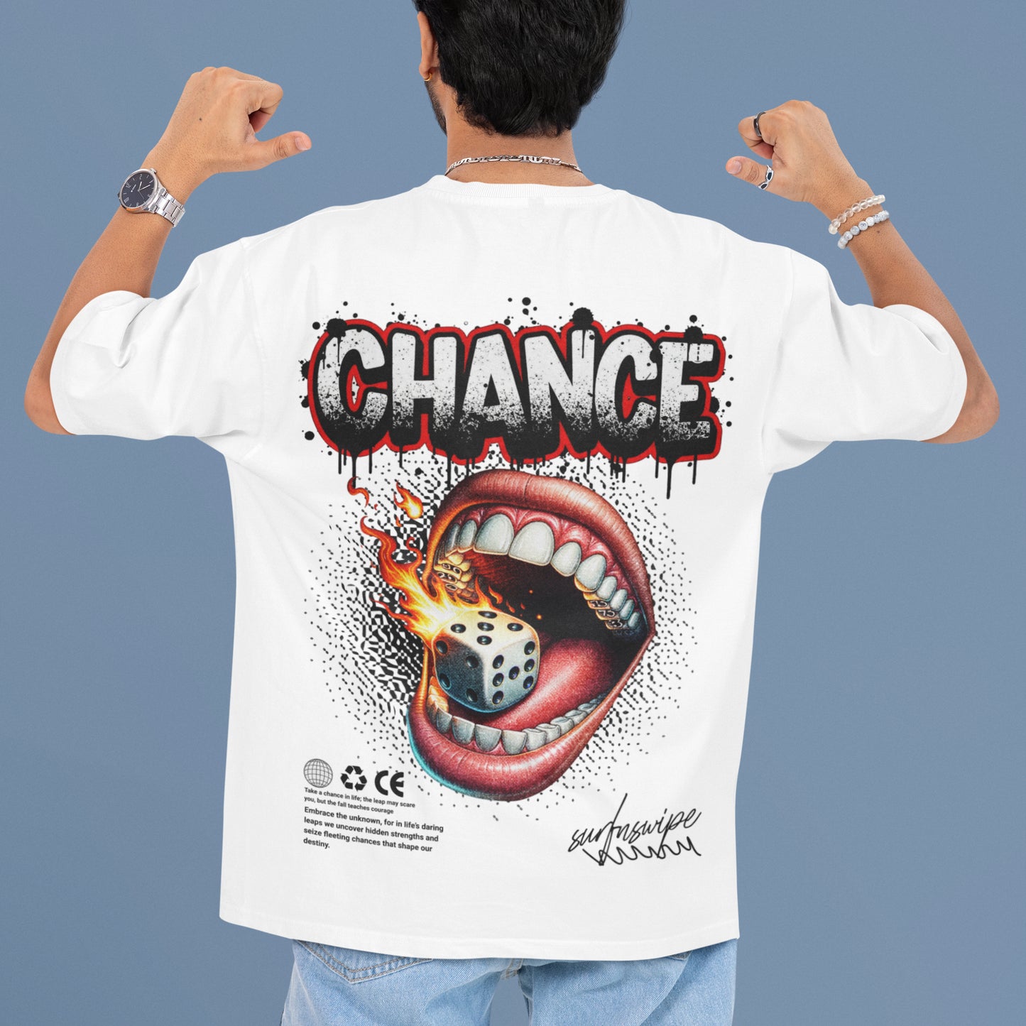 Surf N' Swipe Chance Tee - Flaming Dice - Man wearing the t-shirt