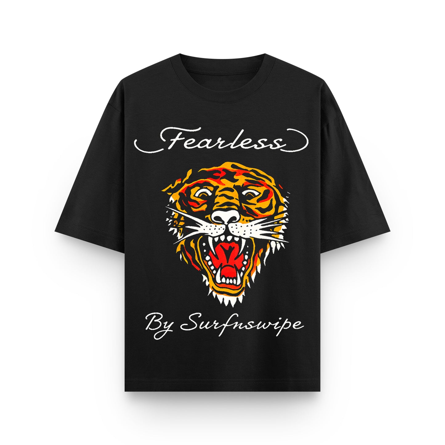 Black t-shirt with a colorful tiger graphic and 'Fearless By Surfwipe' text on a white background