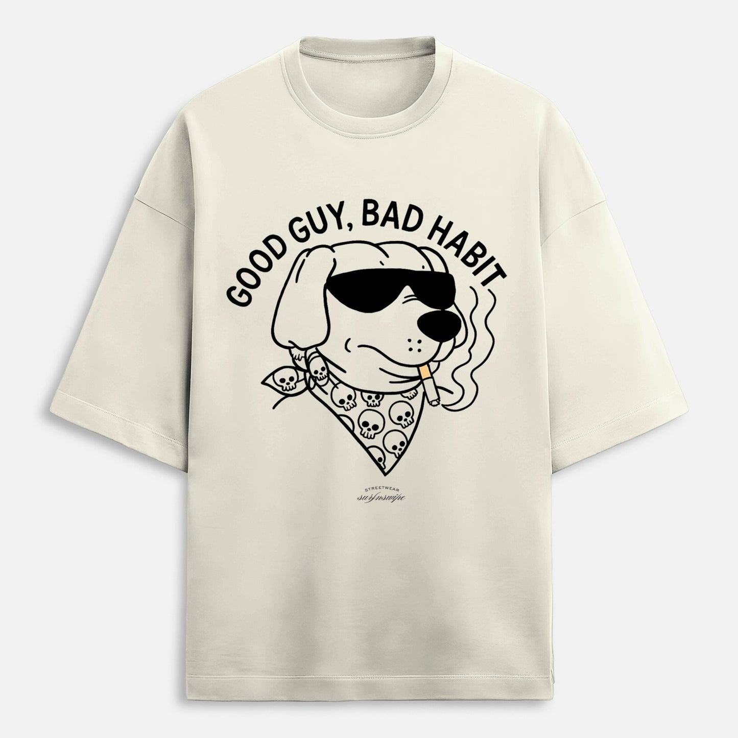 Beige t-shirt with a graphic of a dog wearing sunglasses and a bandana, with text 'Good Guy, Bad Habit'.