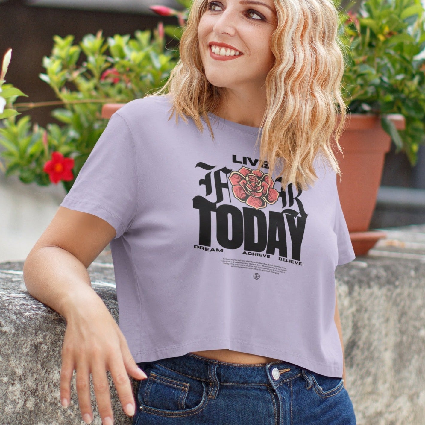 Live For Today Printed Round neck Cotton Crop Top