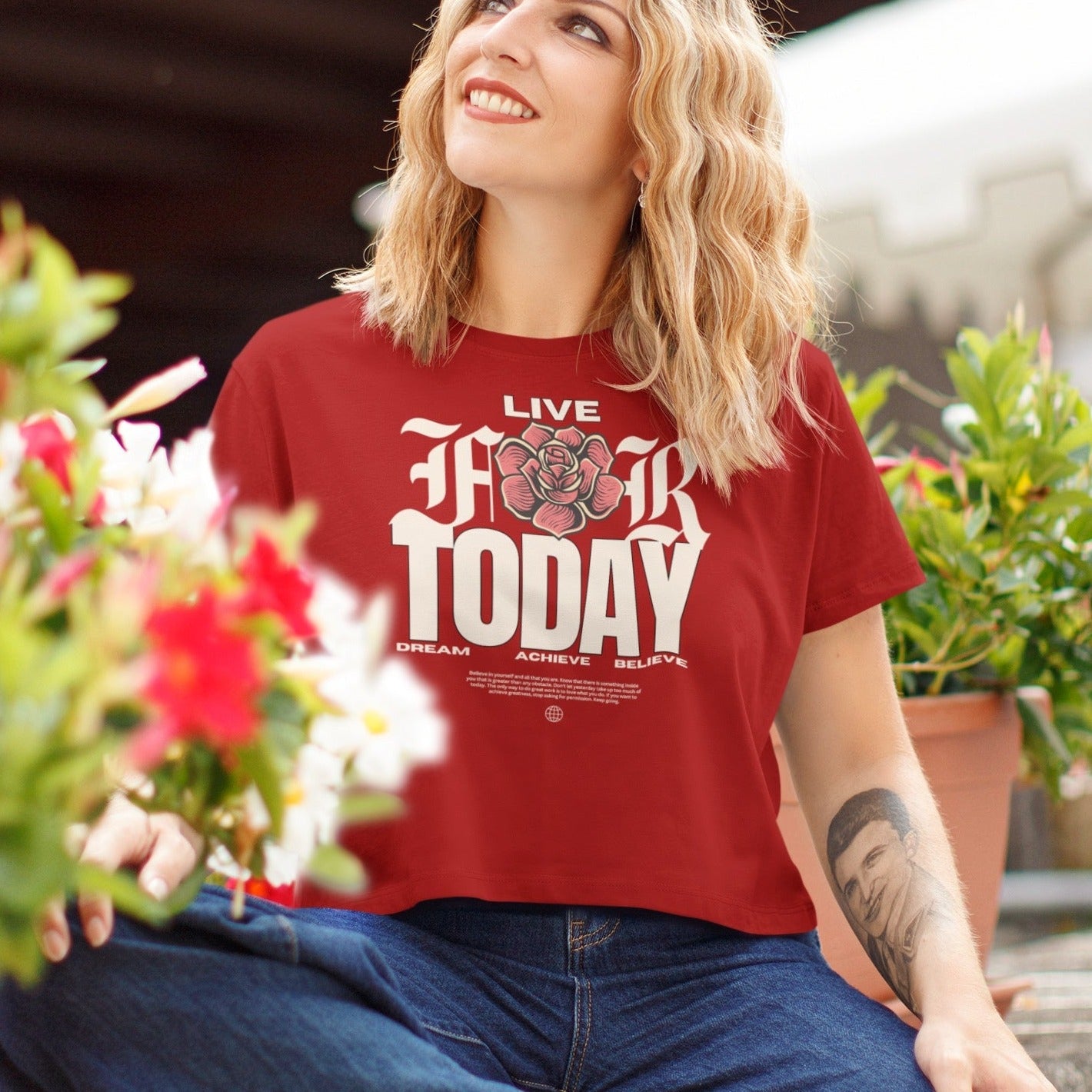 Live For Today Printed Round neck Cotton Crop Top