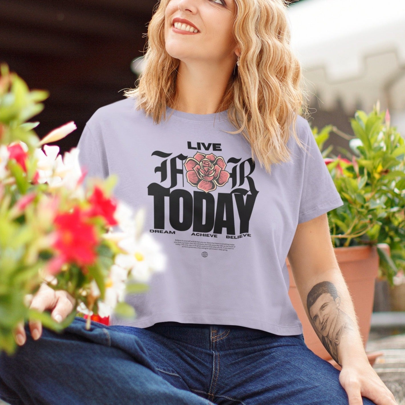Live For Today Printed Round neck Cotton Crop Top