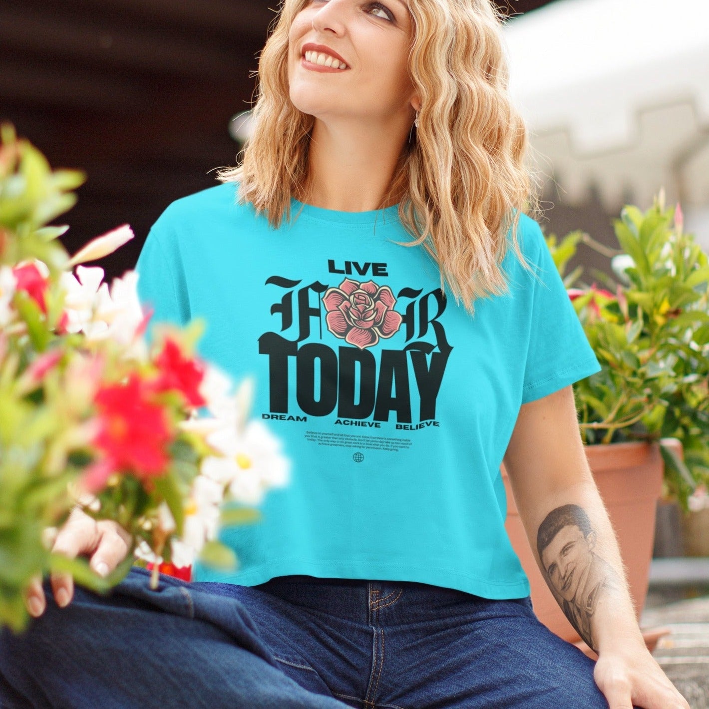 Live For Today Printed Round neck Cotton Crop Top