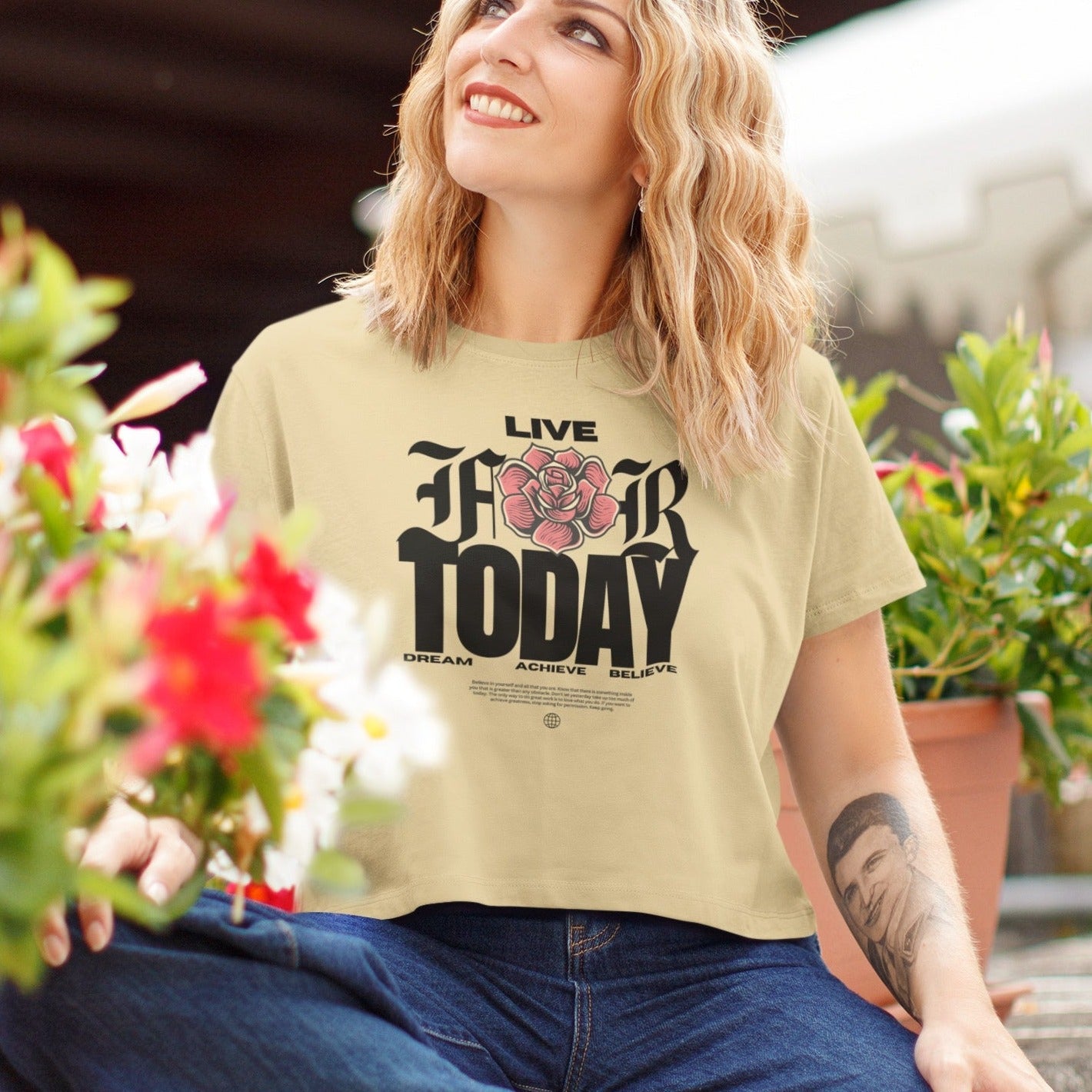 Live For Today Printed Round neck Cotton Crop Top
