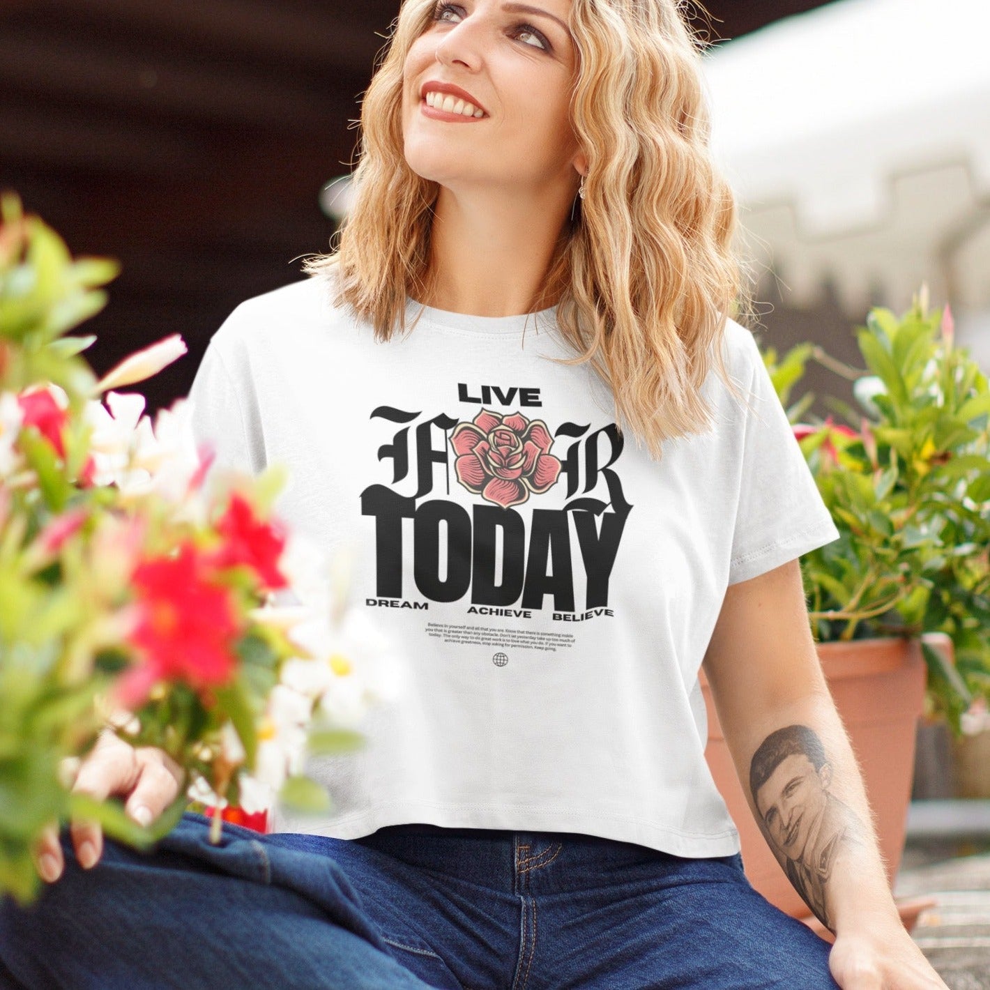 Live For Today Printed Round neck Cotton Crop Top