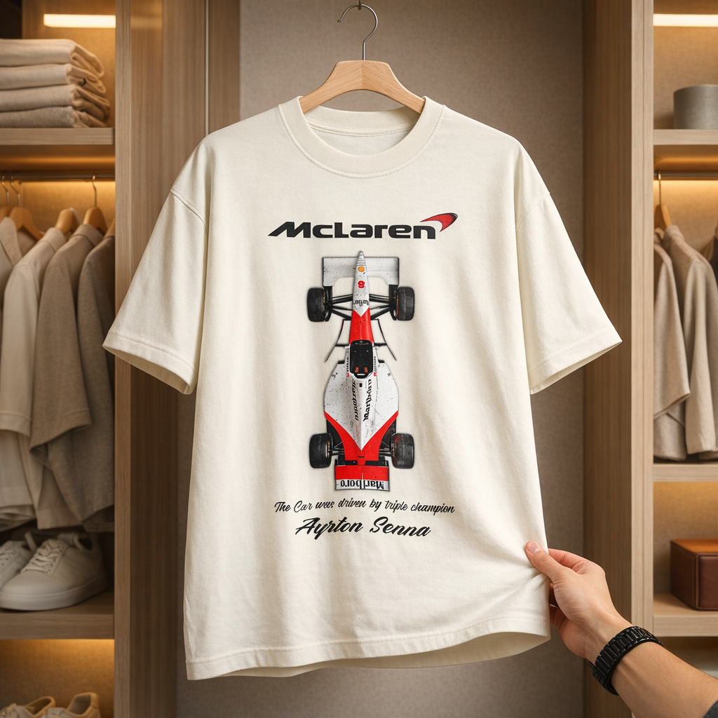 White t-shirt with McLaren Formula 1 car design hanging in a closet.