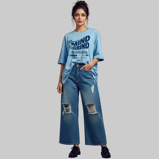 Mind Grind graphic tee in sky blue featuring motivational workout slogan