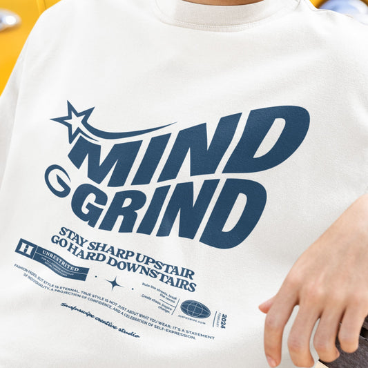 Mind Grind graphic tee in sky blue featuring motivational workout slogan