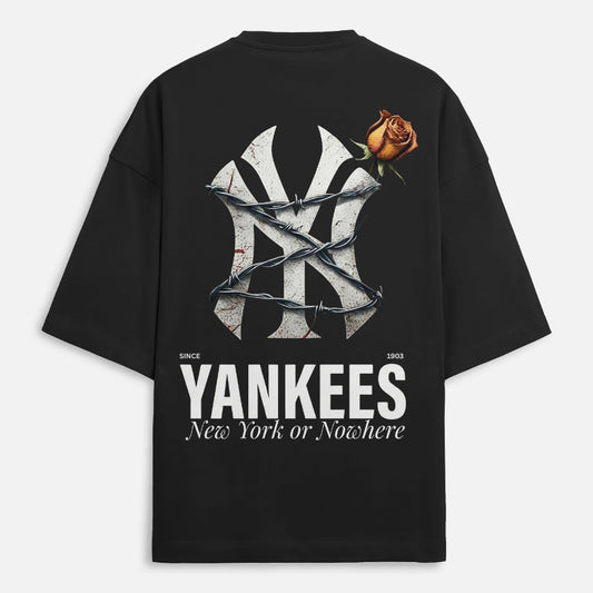Black t-shirt with Yankees logo and rose design on a white background
