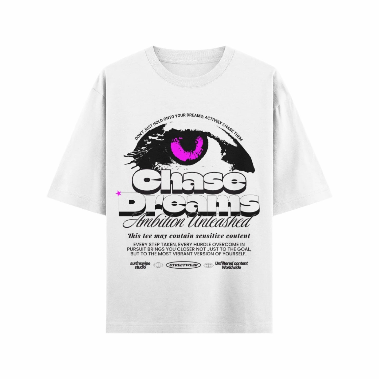 Model wearing the white Chase Dreams tee