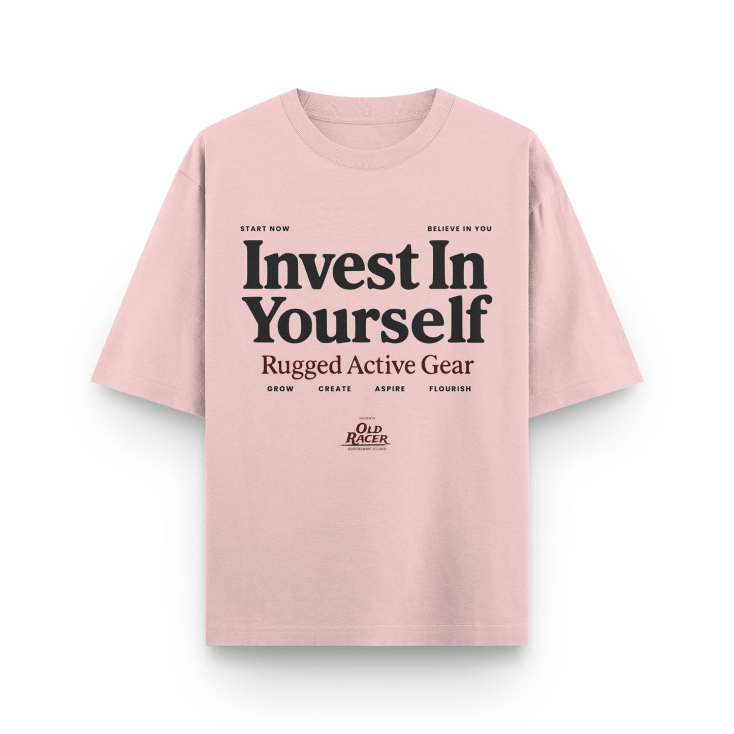 Pink t-shirt with motivational text on a white background