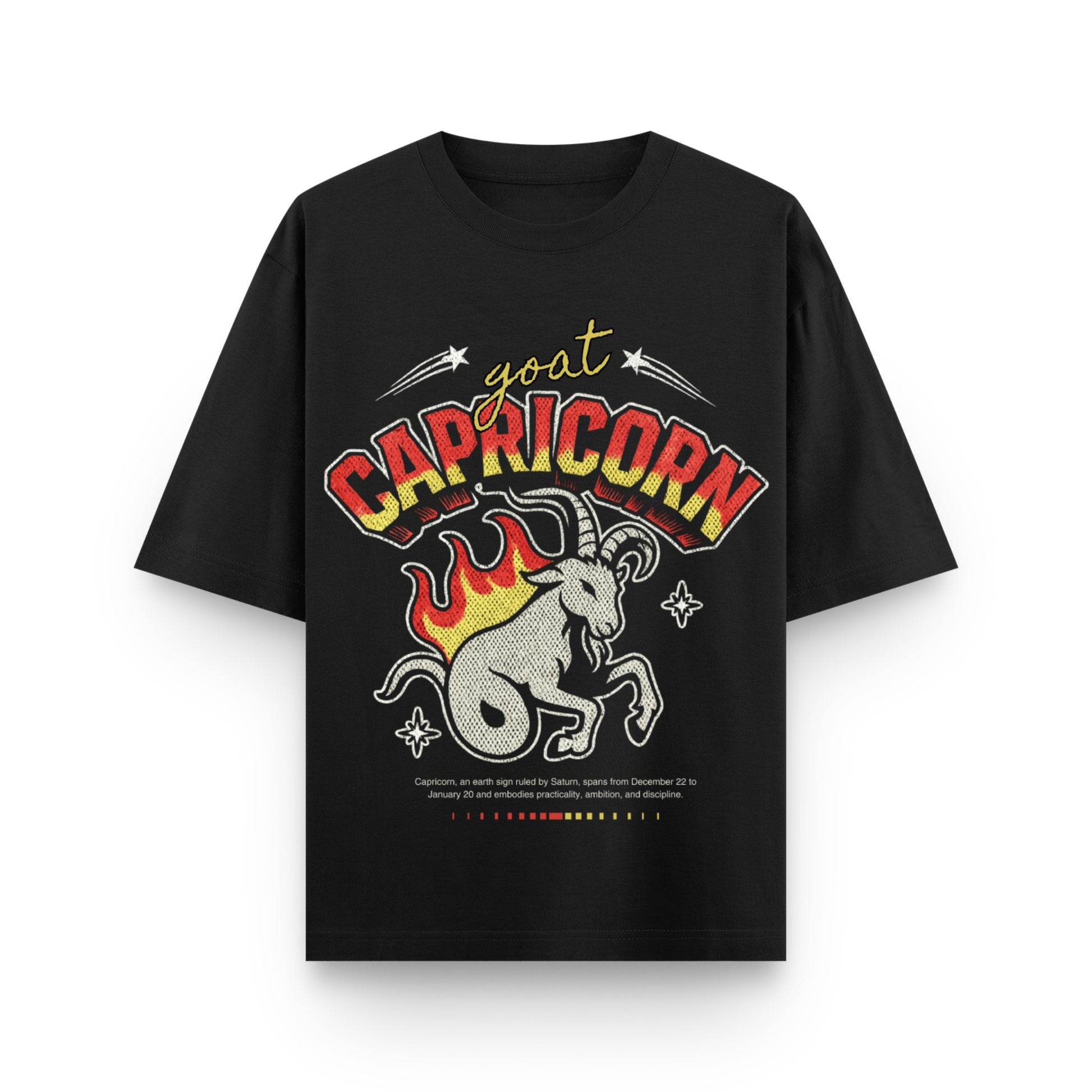 Black t-shirt with Capricorn zodiac design on a white background