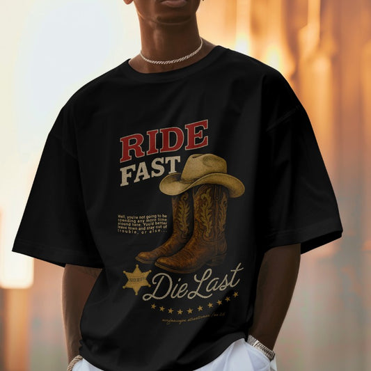 Black terry cotton t-shirt featuring "Ride Fast Die Last" graphic