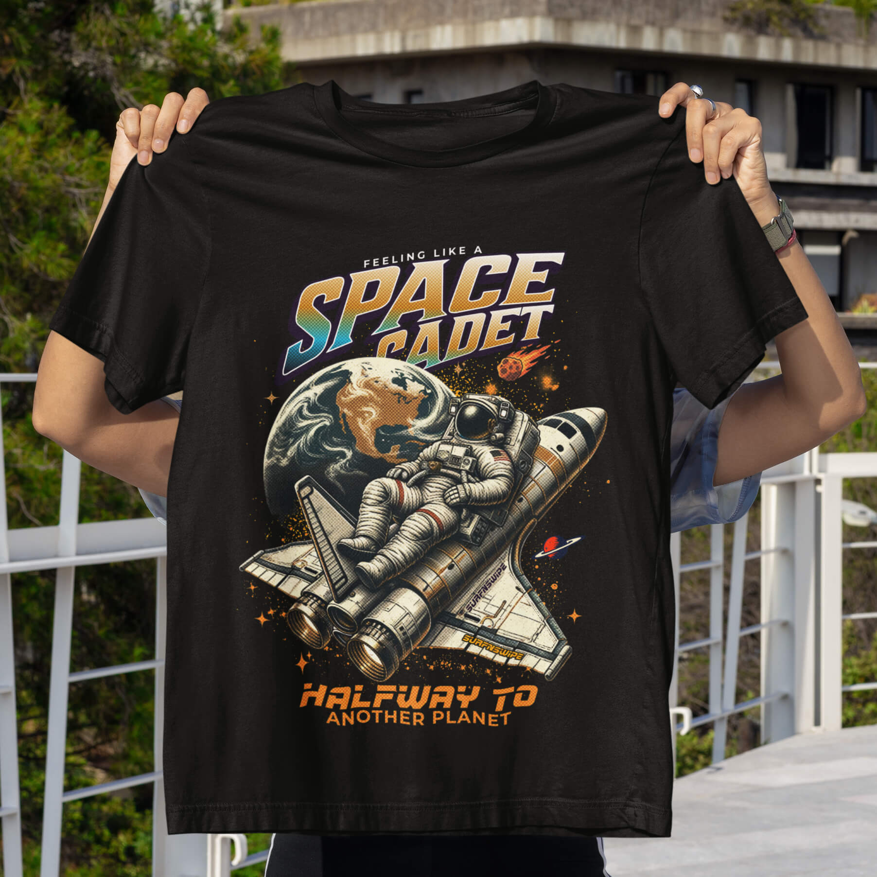 Black Space Cadet T-Shirt with Astronaut and Spaceship Graphic