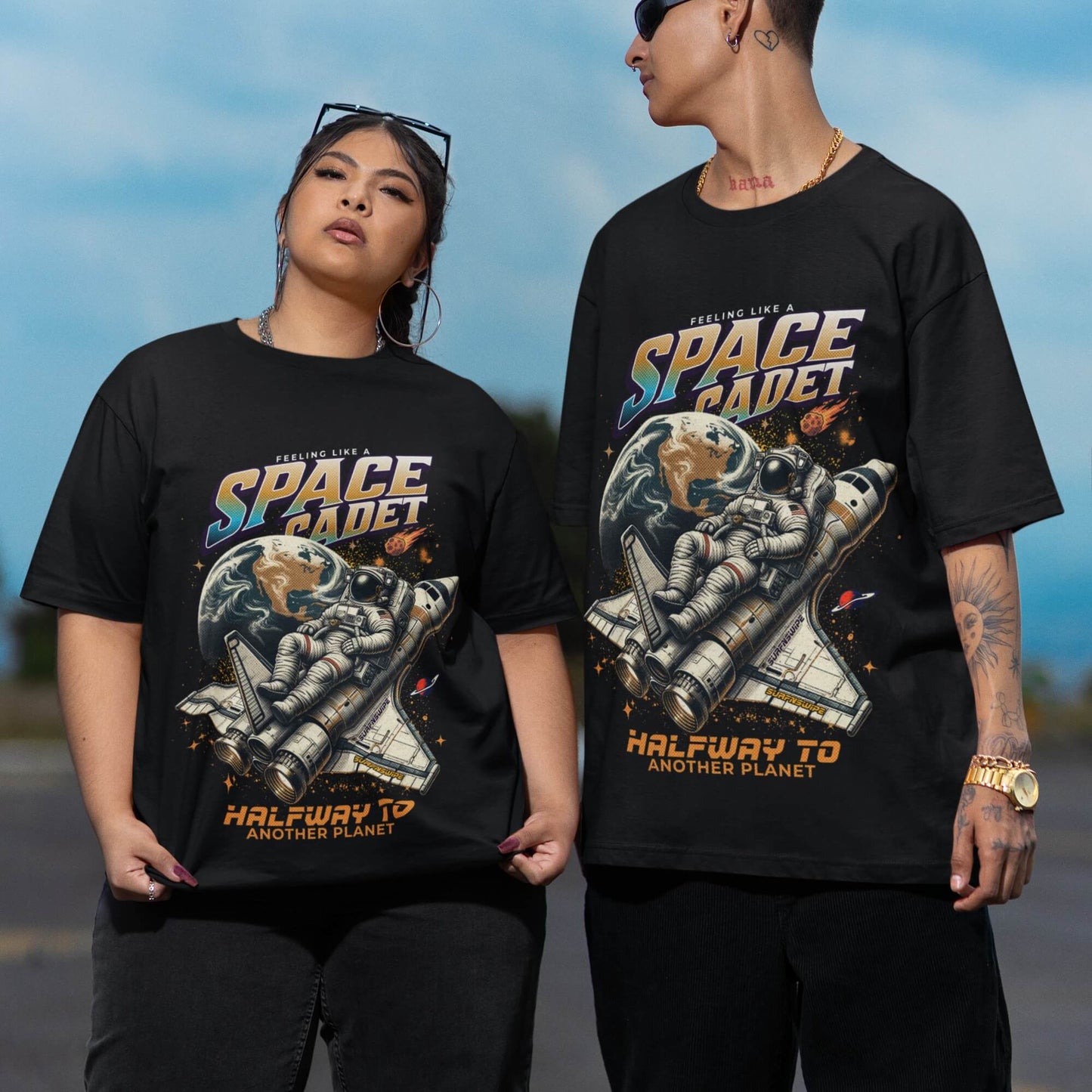 Black Space Cadet T-Shirt with Astronaut and Spaceship Graphic