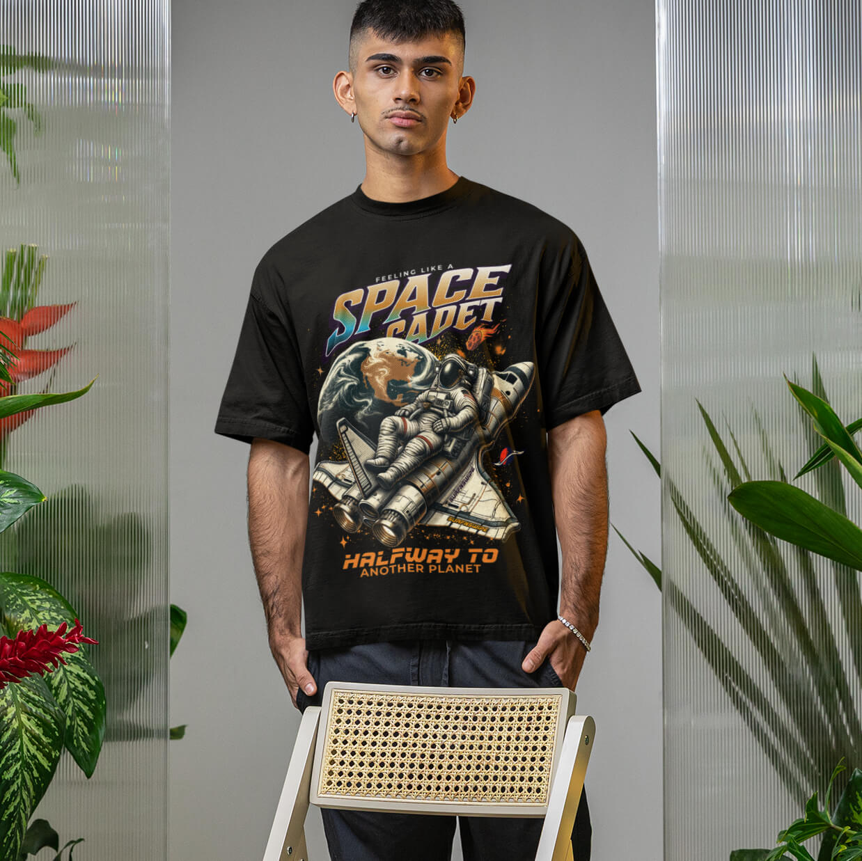 Black Space Cadet T-Shirt with Astronaut and Spaceship Graphic
