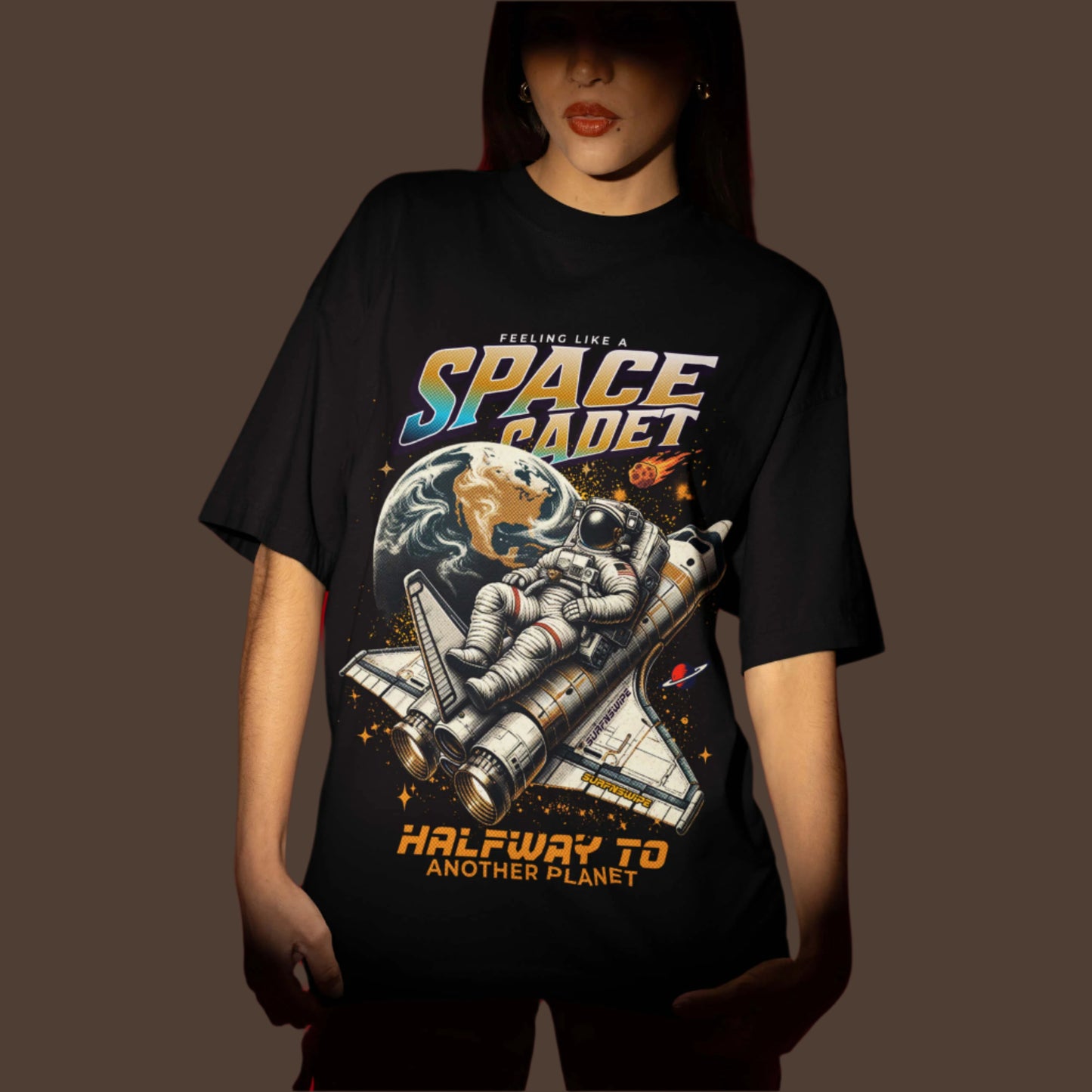 Black Space Cadet T-Shirt with Astronaut and Spaceship Graphic