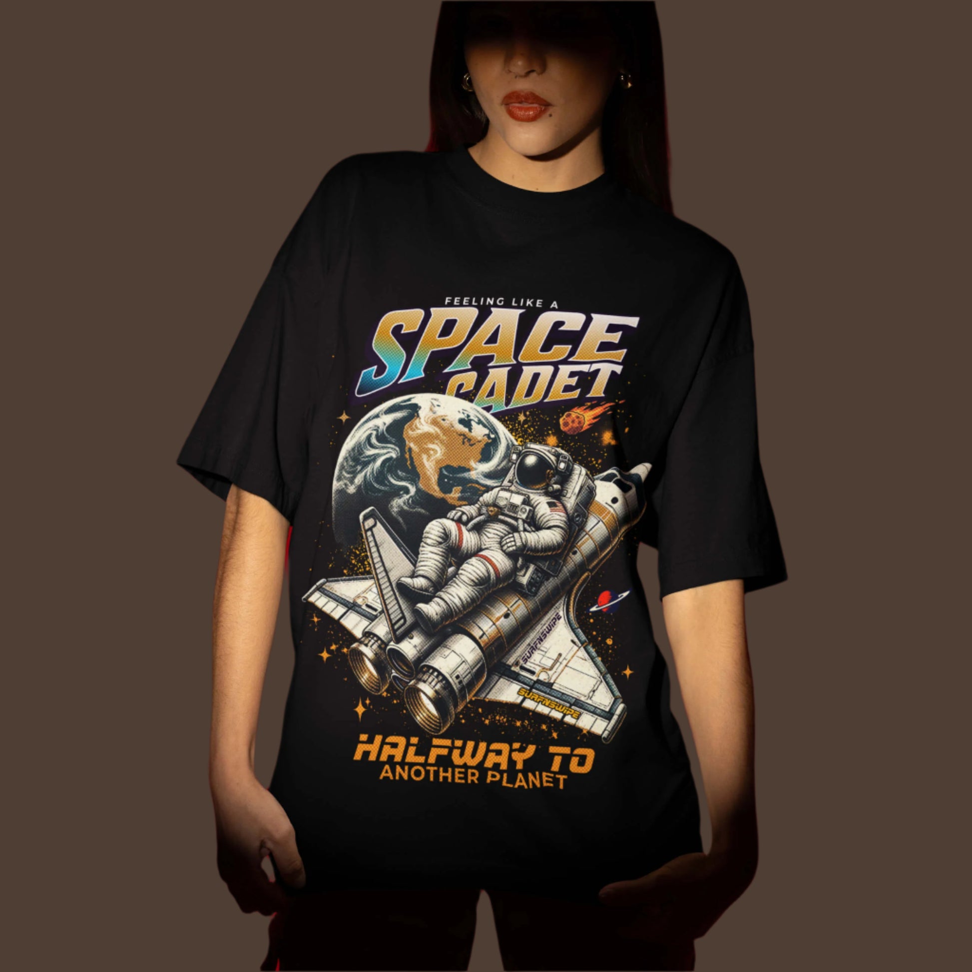 Black Space Cadet T-Shirt with Astronaut and Spaceship Graphic