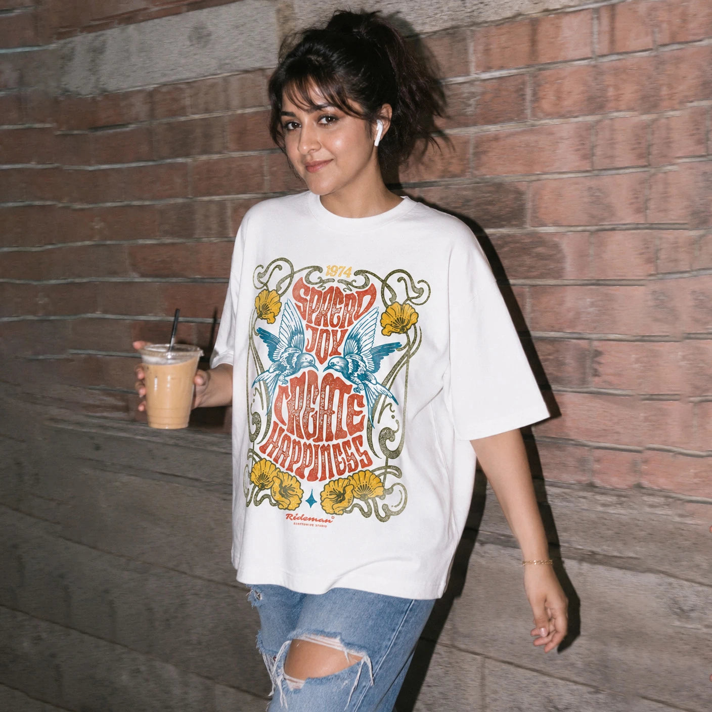 Spread Joy Create Happiness oversized retro graphic t-shirt with vintage bird and floral print, 240 GSM heavyweight cotton streetwear tee