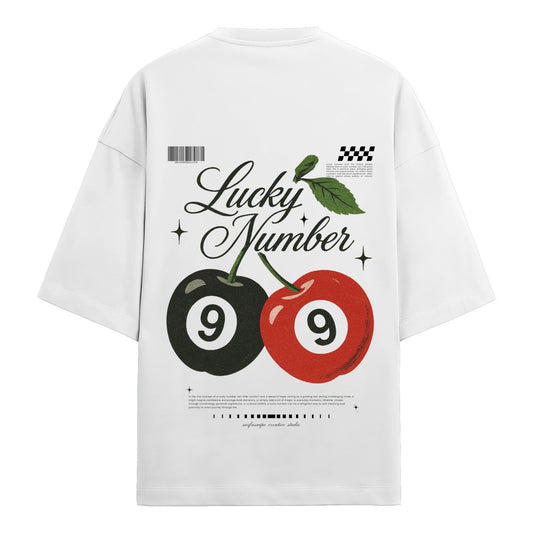 Back view of a white t-shirt featuring a 'Lucky Number' graphic with cherry-styled black and red 9 balls.