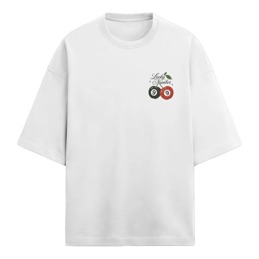 Back view of a white t-shirt featuring a 'Lucky Number' graphic with cherry-styled black and red 9 balls.