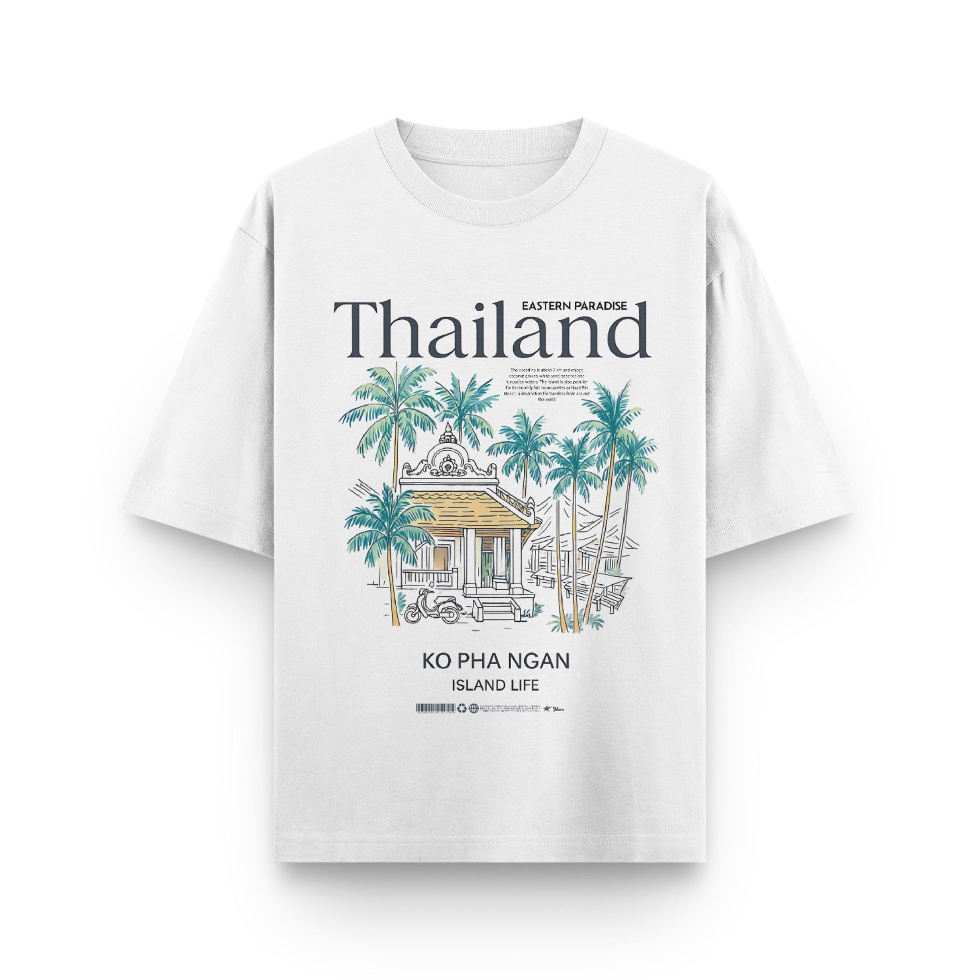 White t-shirt with Thailand-themed design featuring a temple and palm trees on a white background