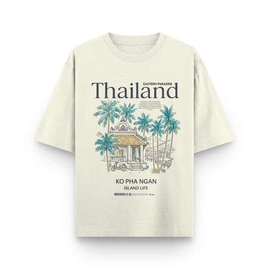 Beige t-shirt with tropical design and text on a white background