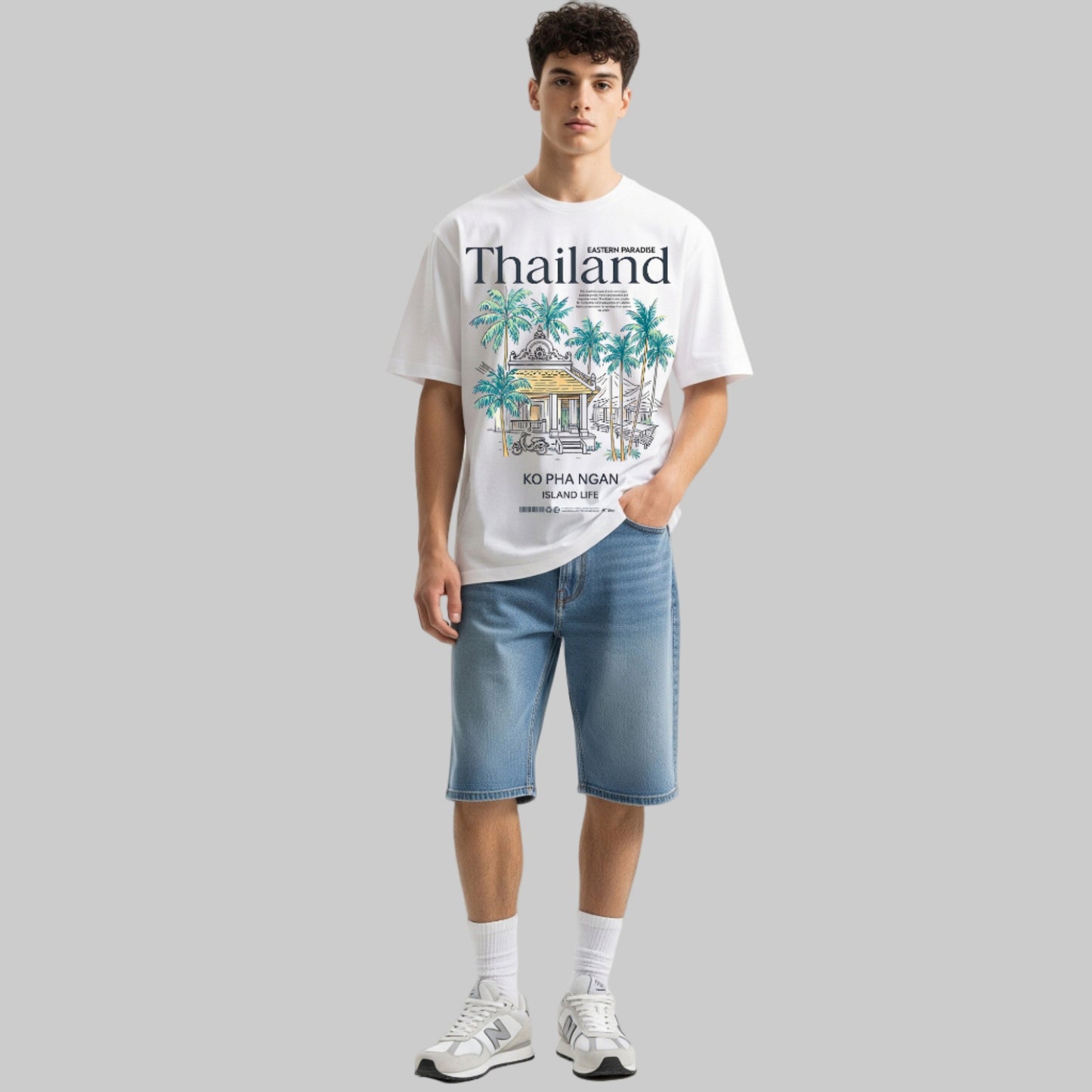 Person wearing a white t-shirt with 'Thailand' and 'Koh Pha Ngan' design, paired with denim shorts on a white background.