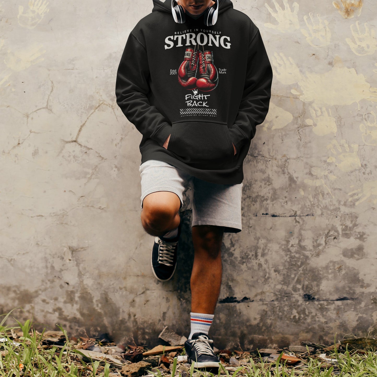Unisex Oversized Hoodie with Bold Red Boxing Gloves Graphic