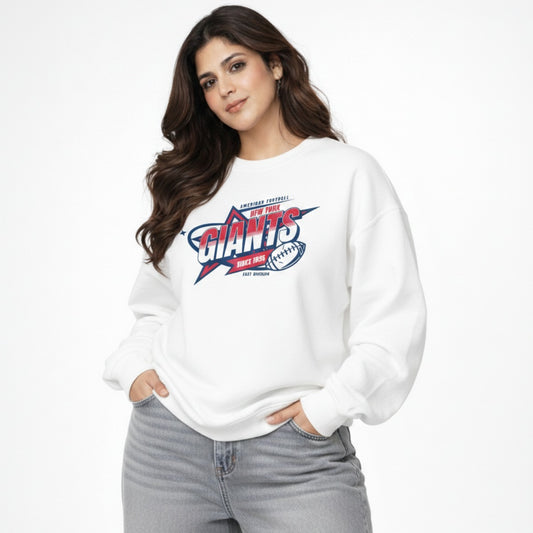 Woman wearing a white sweatshirt with a sports team logo on a white background