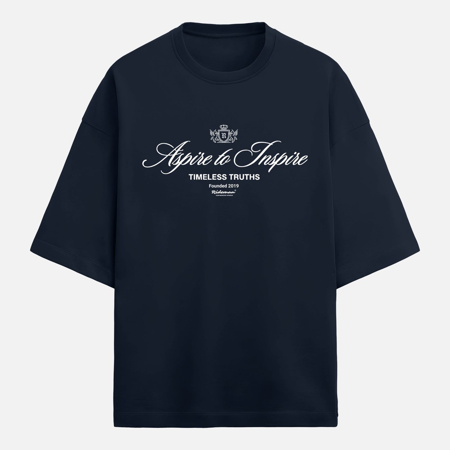 Navy blue t-shirt with white text on a light gray background