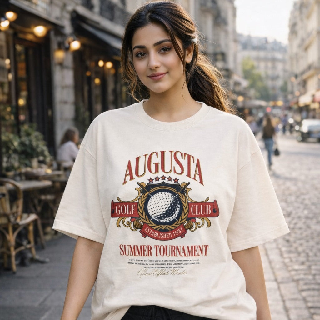 Woman wearing a white t-shirt with Augusta Golf Club design on a city street.