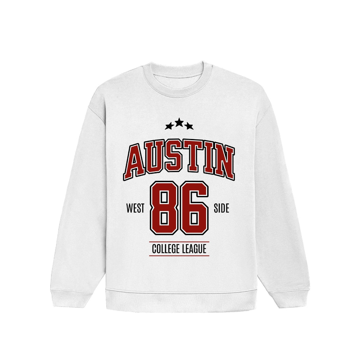 White sweatshirt with 'Austin 86' printed on a white background