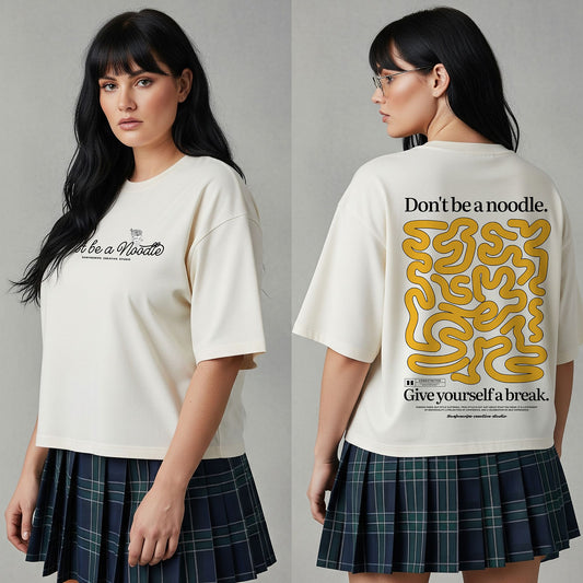 Two views of a person wearing a white t-shirt with text and graphics on a gray background