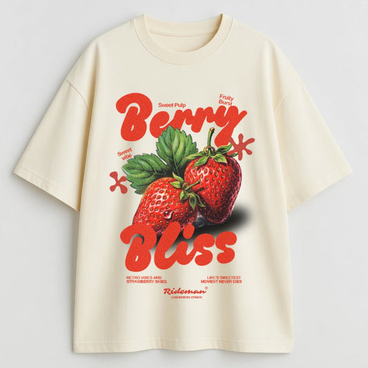 Beige t-shirt with strawberry graphic and 'Berry Bliss' text on a light gray background