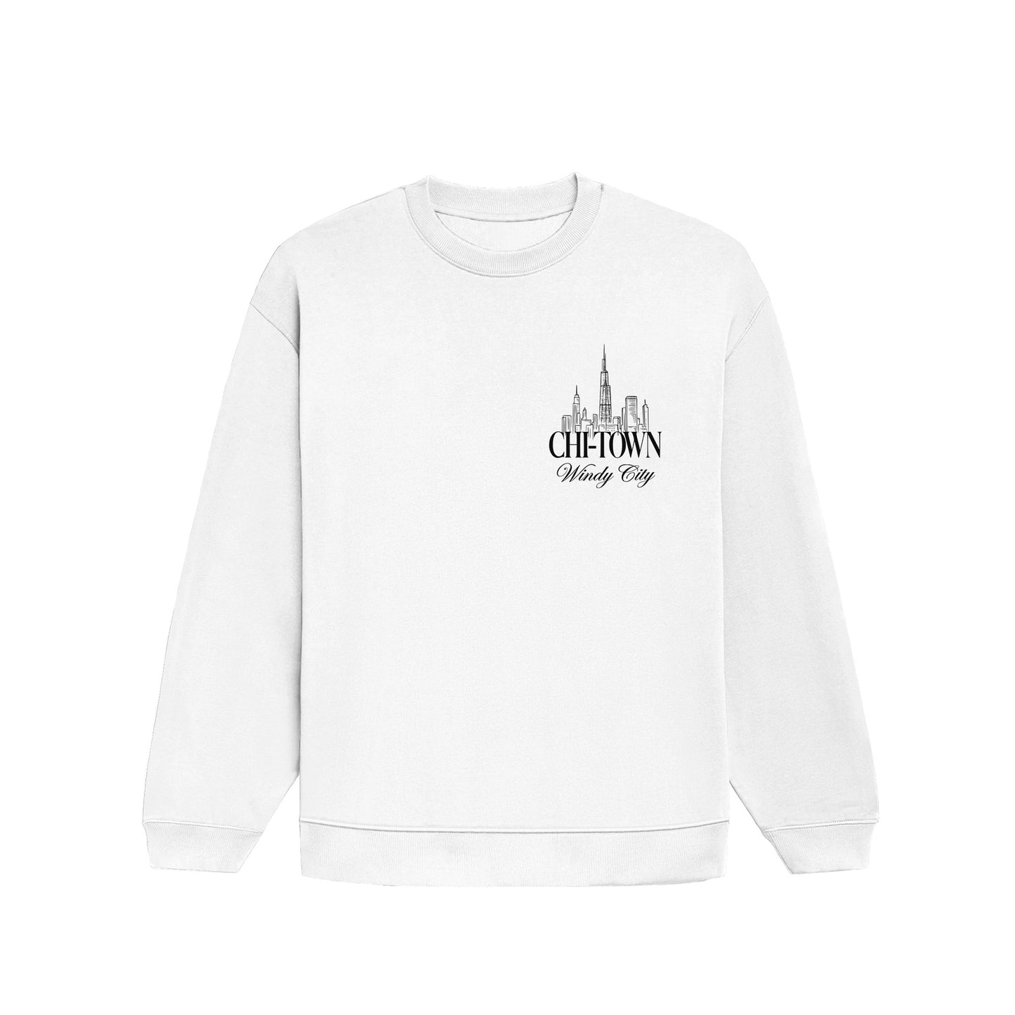 White sweatshirt with 'CHI-TOWN' graphic on a white background